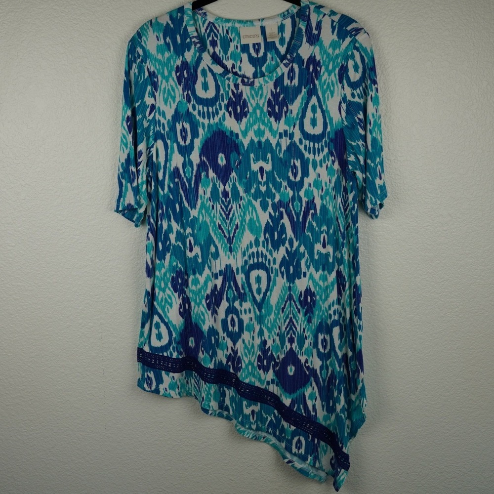Chicos Ikat Print Asymmetrical Tunic Top‎ Artsy Boho Coastal Size 1 M 8-10